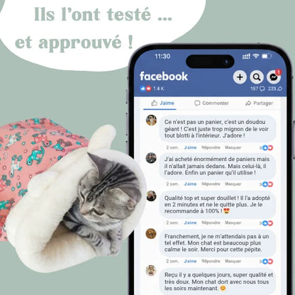 Chat confortablement installé dans le panier cocooning ultra doux Cocon Zen Patounes