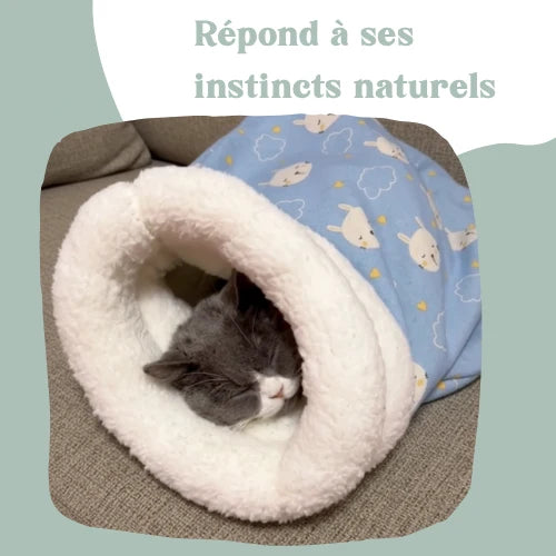 Chat installé dans un panier cocooning anti-stress Cocon Zen Patounes