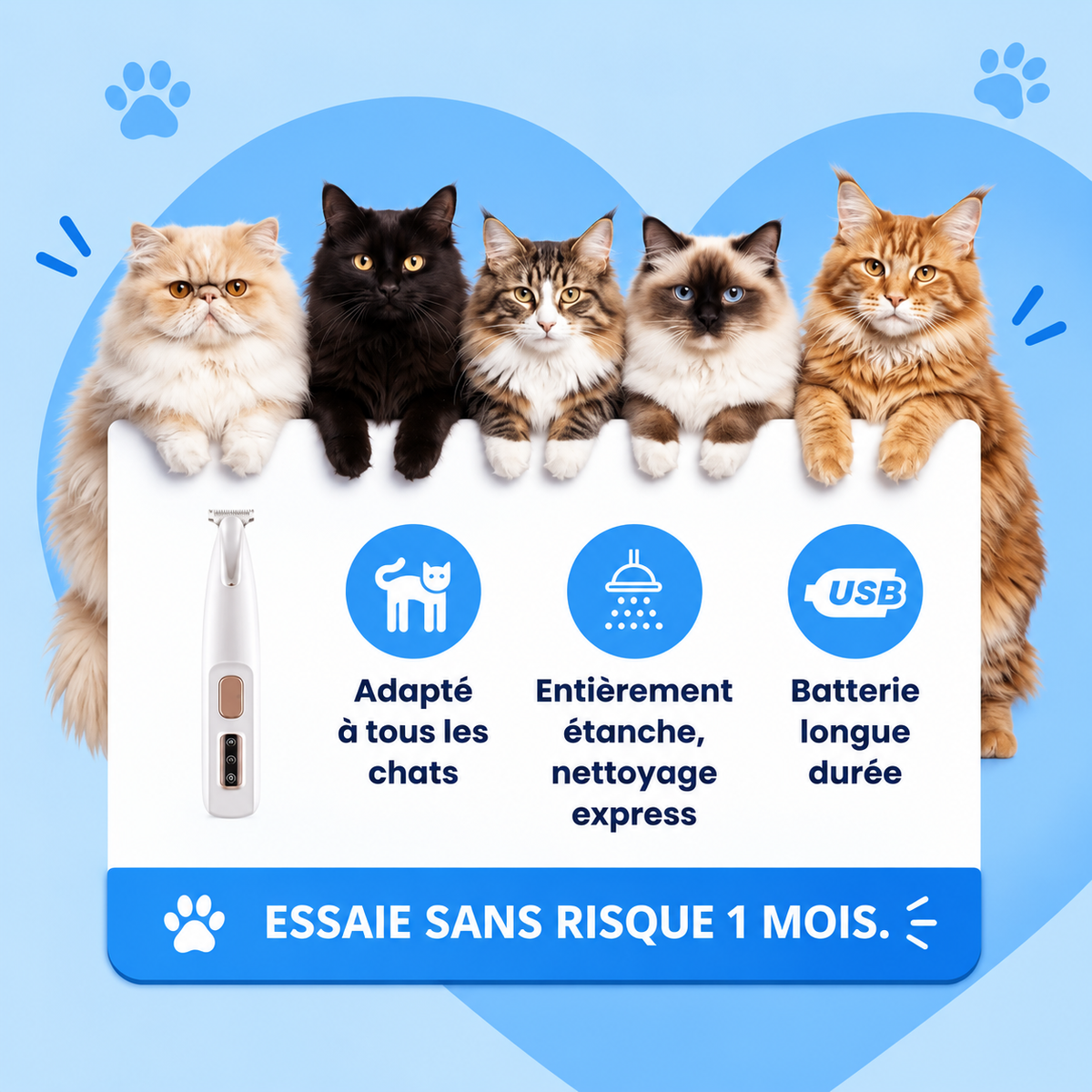 Tondeuse Silencieuse Anti-Nœuds — Pour Chat Poils Longs & Courts
