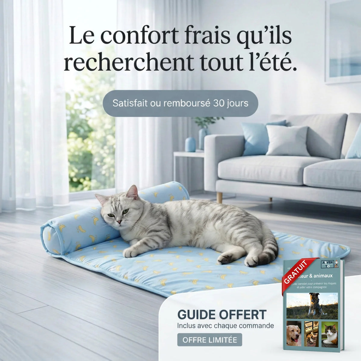 Chat allongé sur le tapis rafraîchissant FreshPet bleu anti-chaleur pour chats et chiens