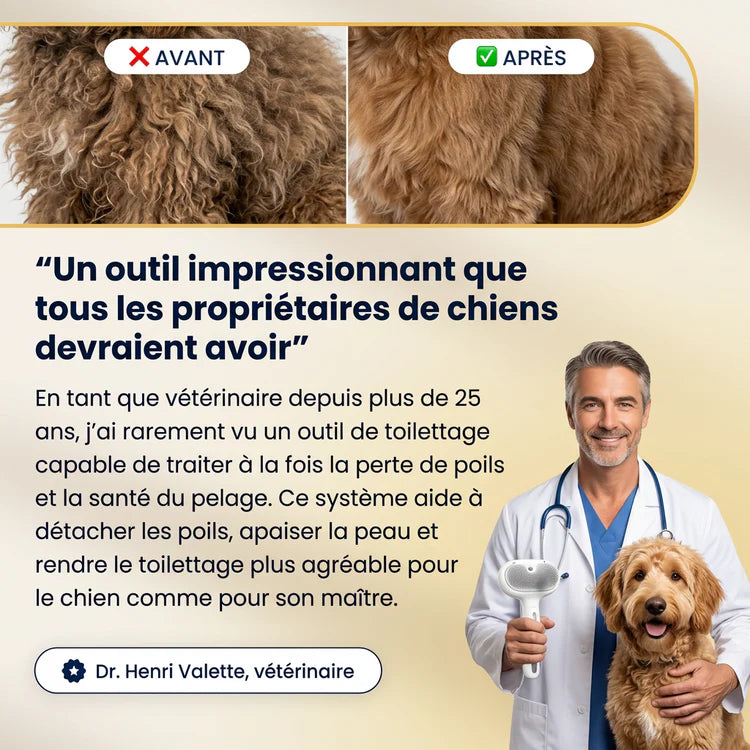 FurFresh Bio™ brosse autonettoyante anti-poils pour chien et chat éliminant les poils morts rapidement