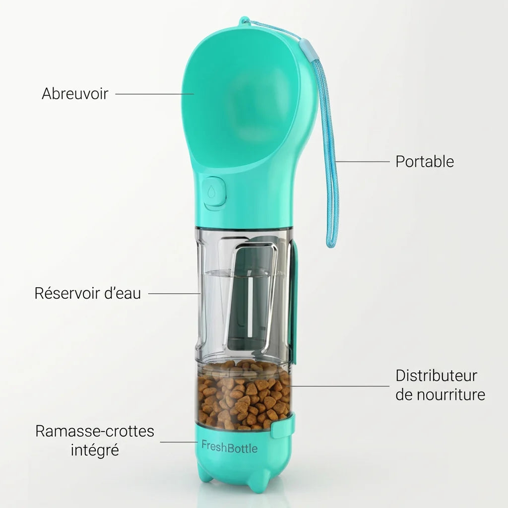Bouteille Portable 4-en-1 pour Chien | Eau & Friandises